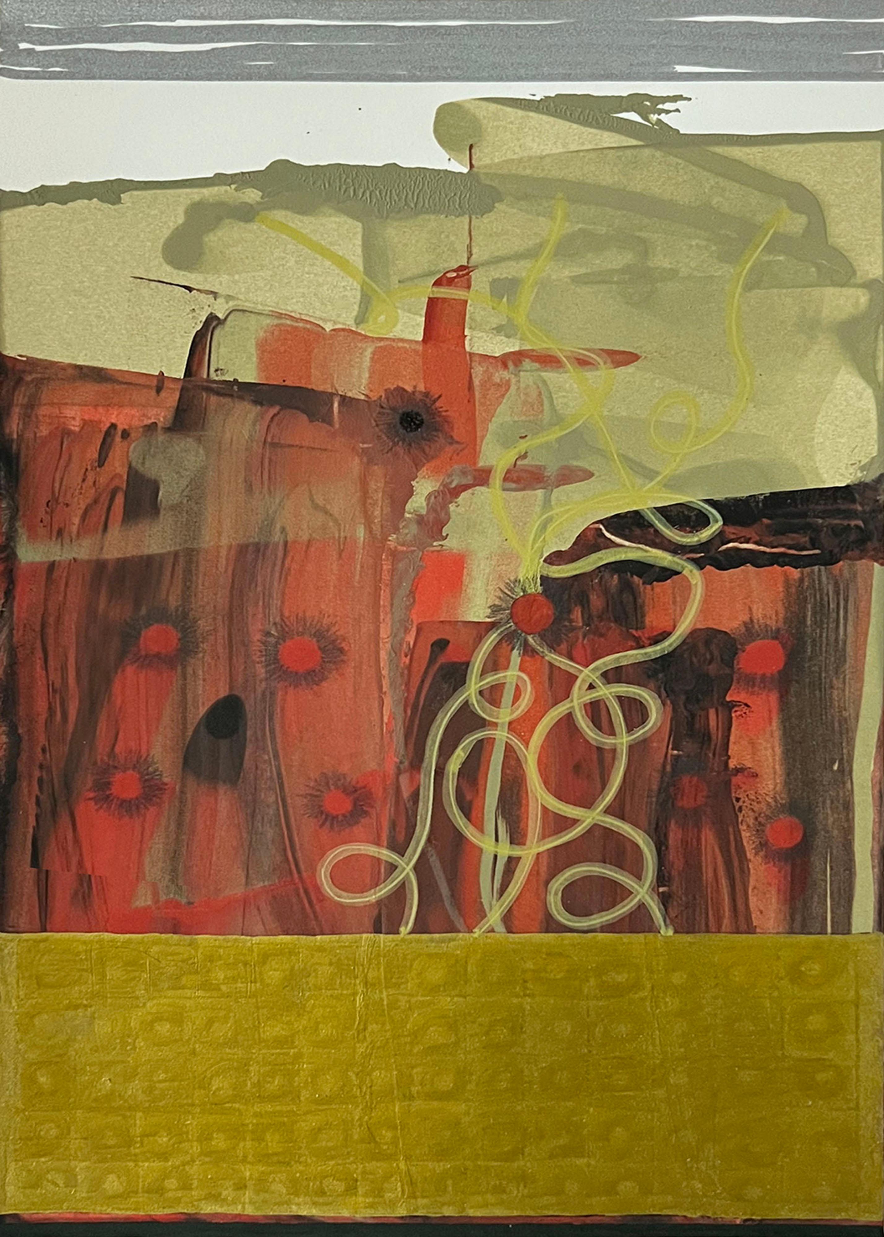 <p>Artist Comments<br>Layers of muted and metallic colors reveal in this abstract painting. A red band runs across the center, marked by circular forms and darker paint washes. Thin yellow-green lines loop through the middle, with thicker strokes of