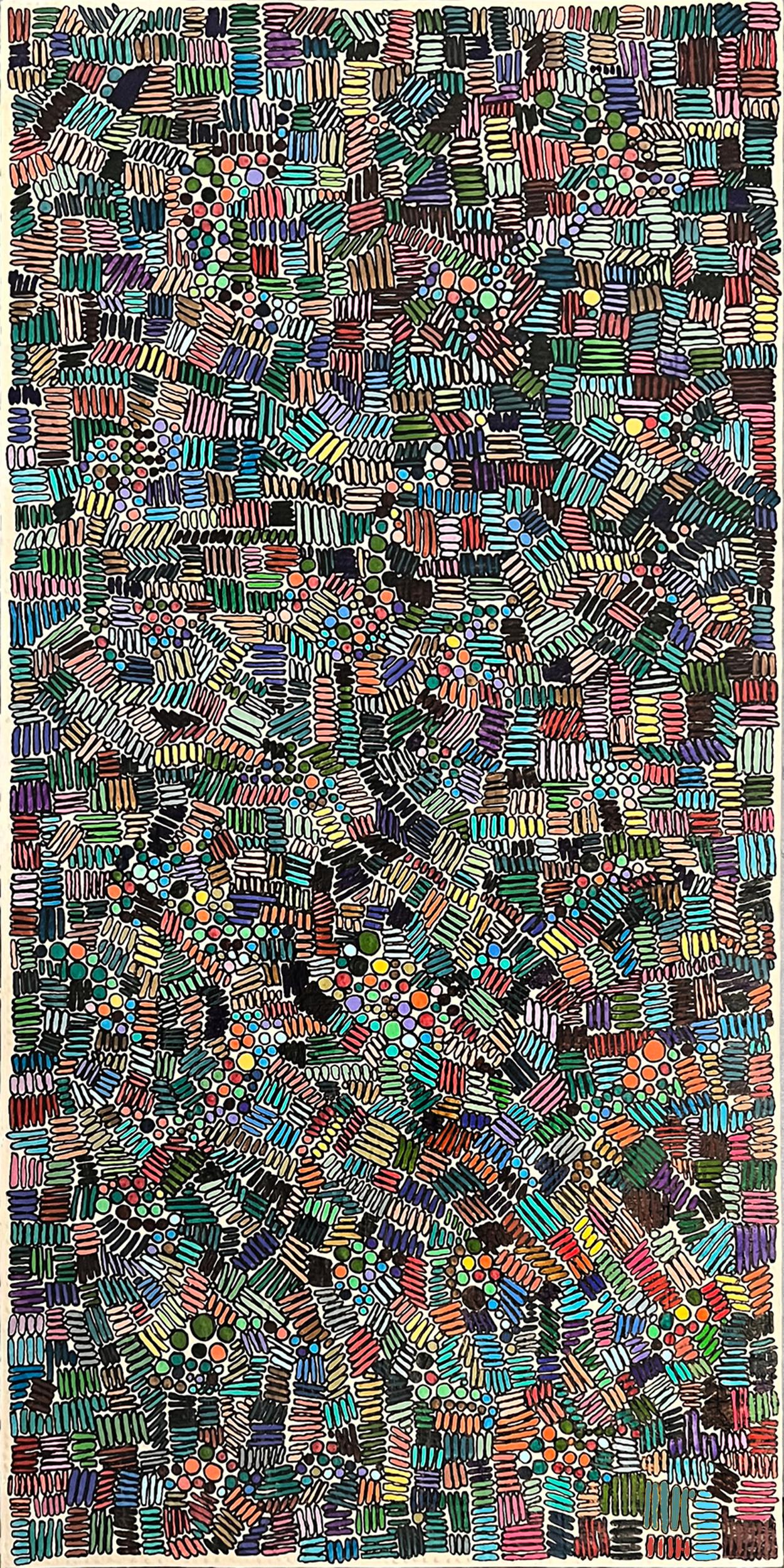 <p>Artist Comments<br>Cross-hatched shapes and circles create a chaotic fusion of colors and lines. The bold outlines of the shapes add graphic strength and suggest motion. Complicated and somewhat turbulent, this piece draws inspiration from