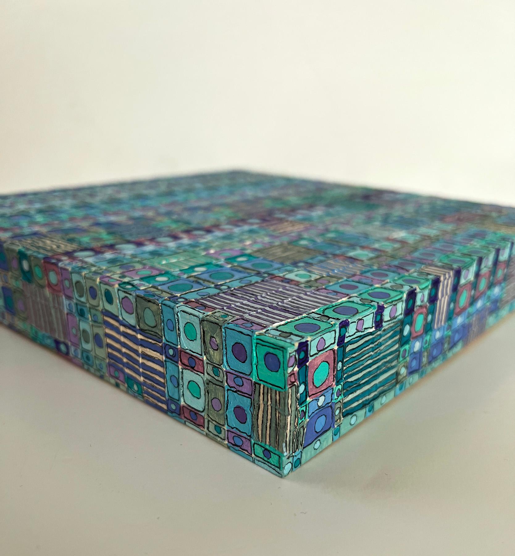 <p>Artist Comments<br>Artist Terri Bell demonstrates a patterned abstract piece consisting of spheres enclosed in cubes. She envisions an ode to dreaming of simpler times living in a small city apartment as time goes by. A bright periwinkle palette