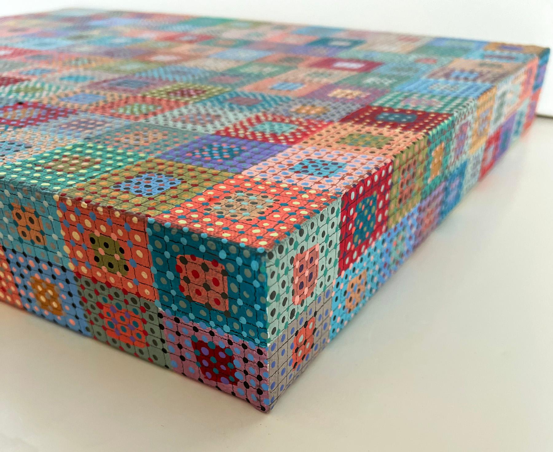 <p>Artist Comments<br>Artist Terri Bell displays abstract gridded cubes made up of tiny beadlike circles.  The composition comprises a spectrum of geometric figures forming a new whole. 