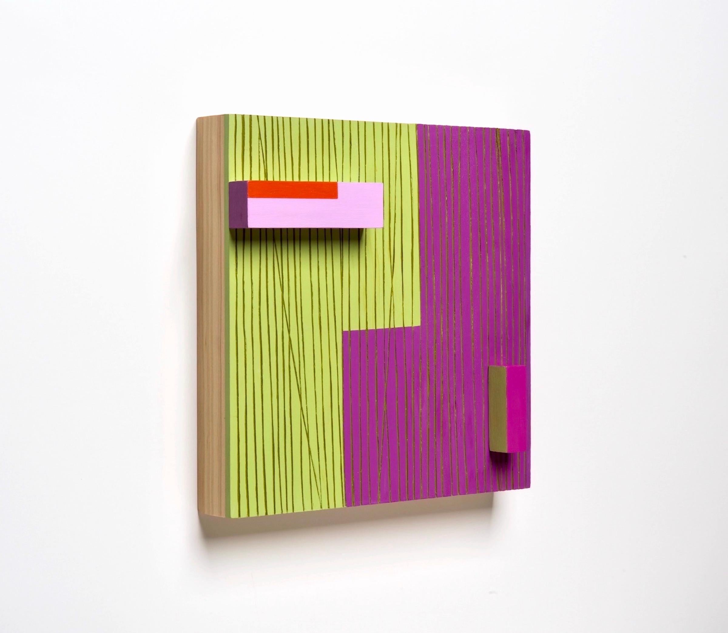 A Path Exists- Abstract Wall Sculpture - green, purple, minimalism, wood, mcm - Painting by Terri Fridkin