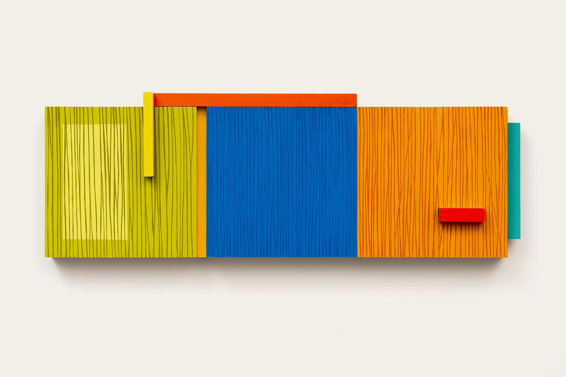 Terri Fridkin Abstract Sculpture – Abstrakte Wandskulptur – gelb, blau, orange, minimalistisch, mcm