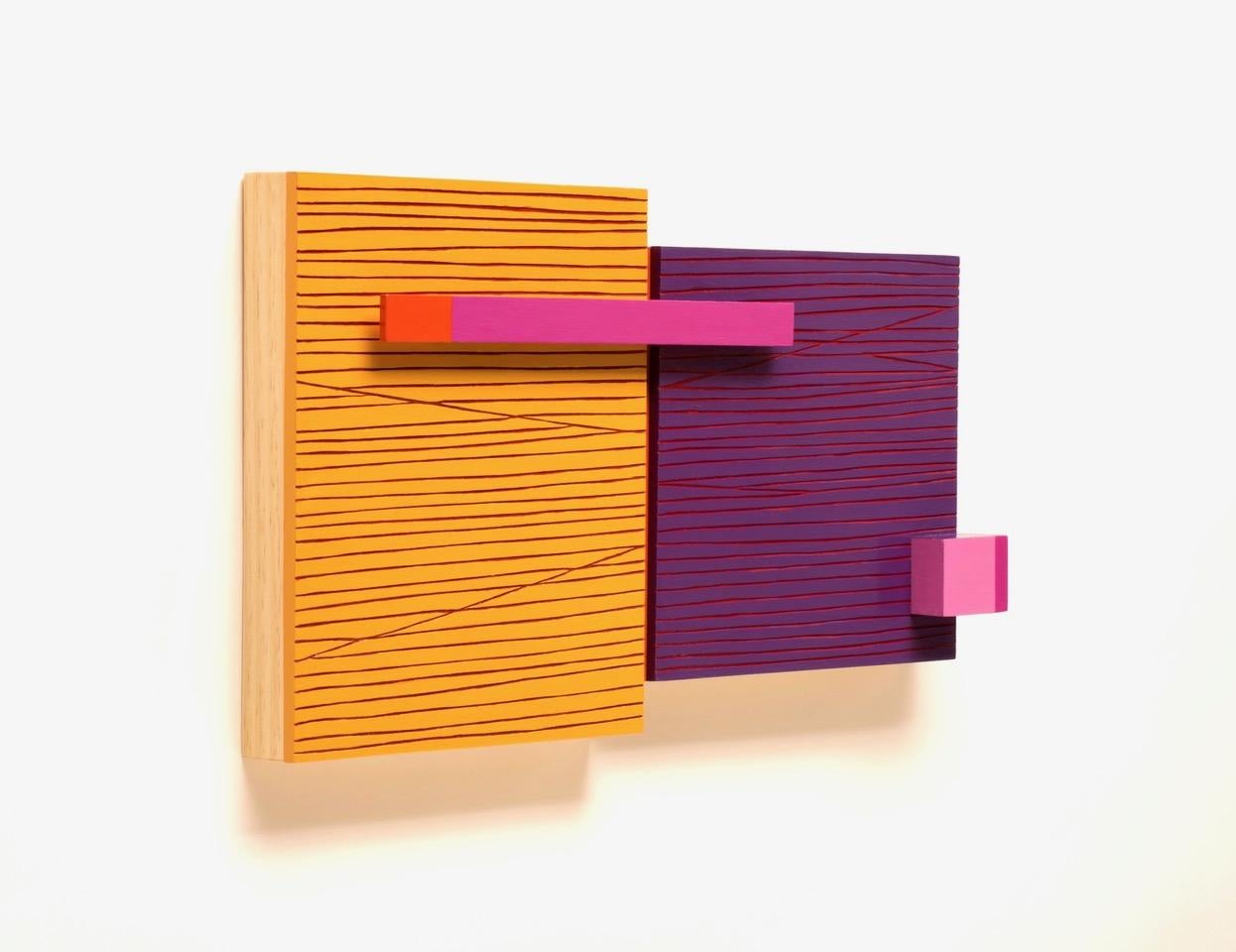 Committed- Abstract Wall Sculpture - violet, orange, pink, minimalism, wood, mcm - Painting by Terri Fridkin