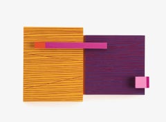 Committed- Sculpture murale abstraite - violet, orange, rose, minimalisme, bois, MCM