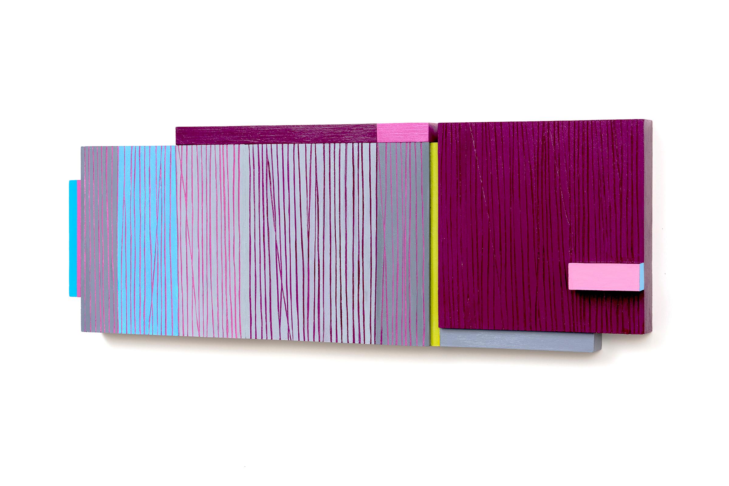 Double Connections- Abstract Wall Sculpture - blue, purple, gray, pink, yellow - Painting by Terri Fridkin