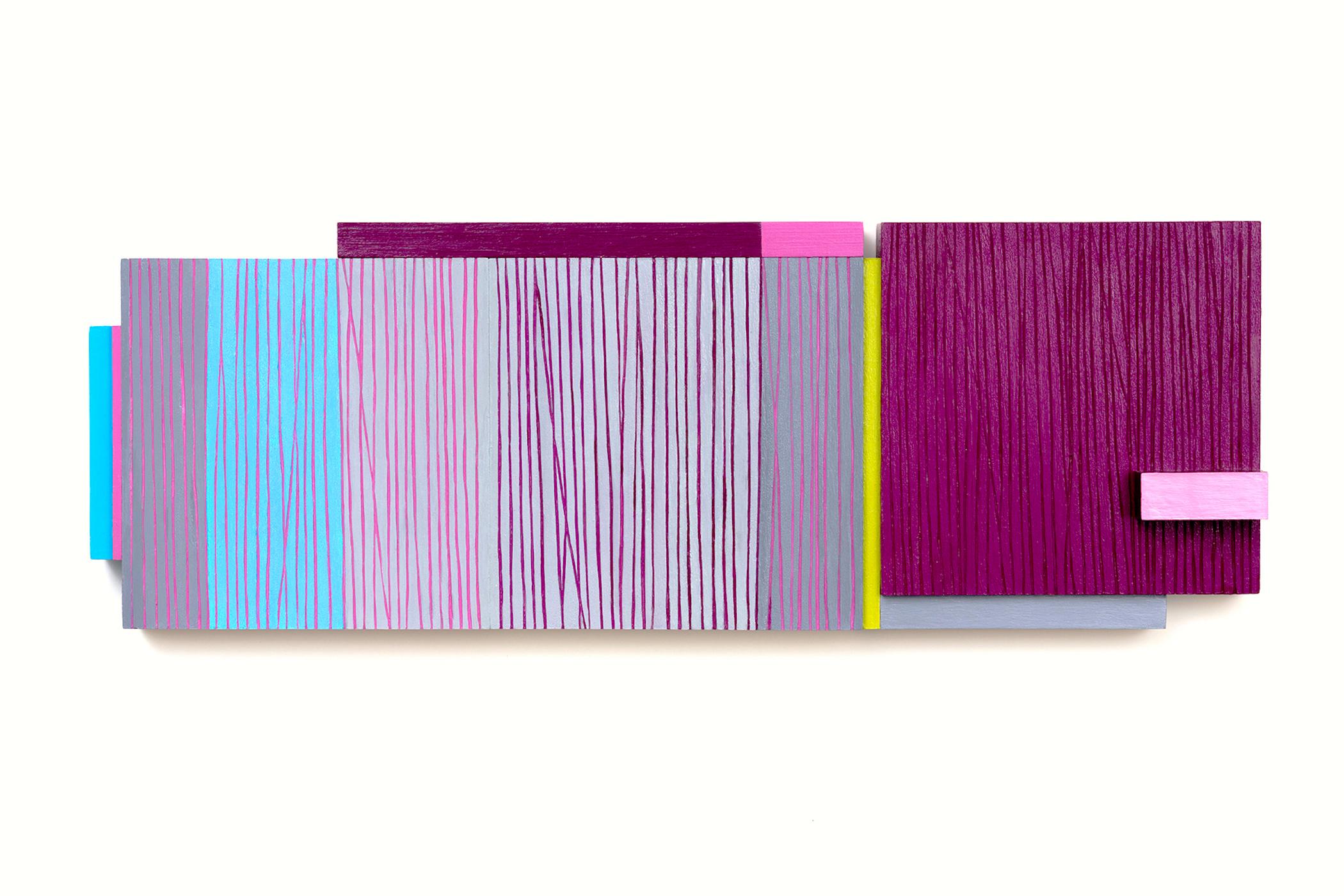 Doppelte Verbindungen – abstrakte Wandskulptur – blau, lila, grau, rosa, gelb