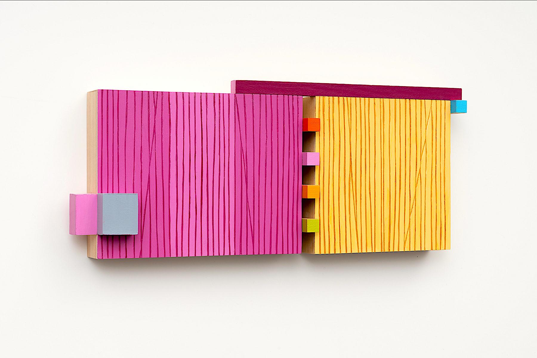 The Way We Were- Abstract Wall Sculpture - yellow, purple, minimalism, wood, mcm - Painting by Terri Fridkin