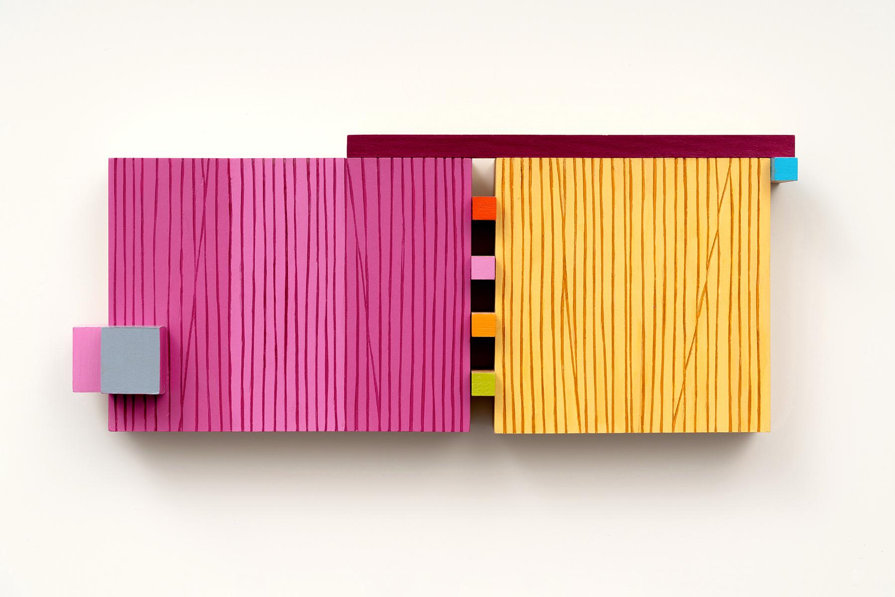 Terri Fridkin Abstract Painting - The Way We Were- Abstract Wall Sculpture - yellow, purple, minimalism, wood, mcm