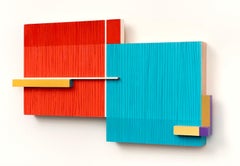 Turning Point- Abstract Wall Sculpture - blue, orange, minimalism, wood, mcm