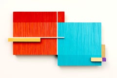 Turning Point- Abstract Wall Sculpture - blue, orange, minimalism, wood, mcm