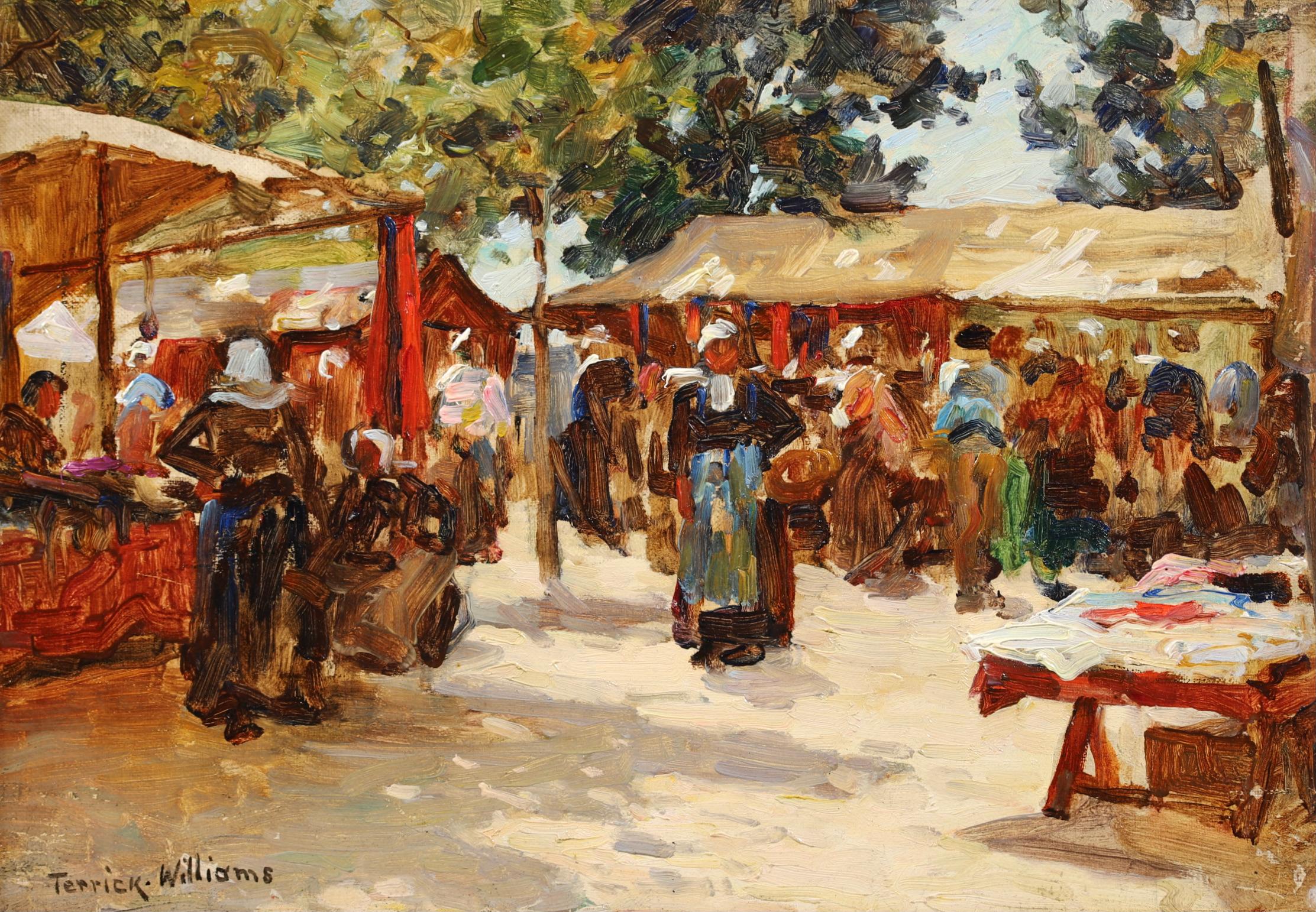 Signed figures in landscape oil on canvas circa 1900 by English painter Terrick John Williams. The work depicts women in a market in Normandy on a bright summer's day. 

Signature:
Signed lower left

Dimensions:
Framed: 17