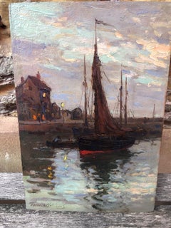 Antique "Brixham Harbour in Devon at Night, small impressionist oil painting nocturne