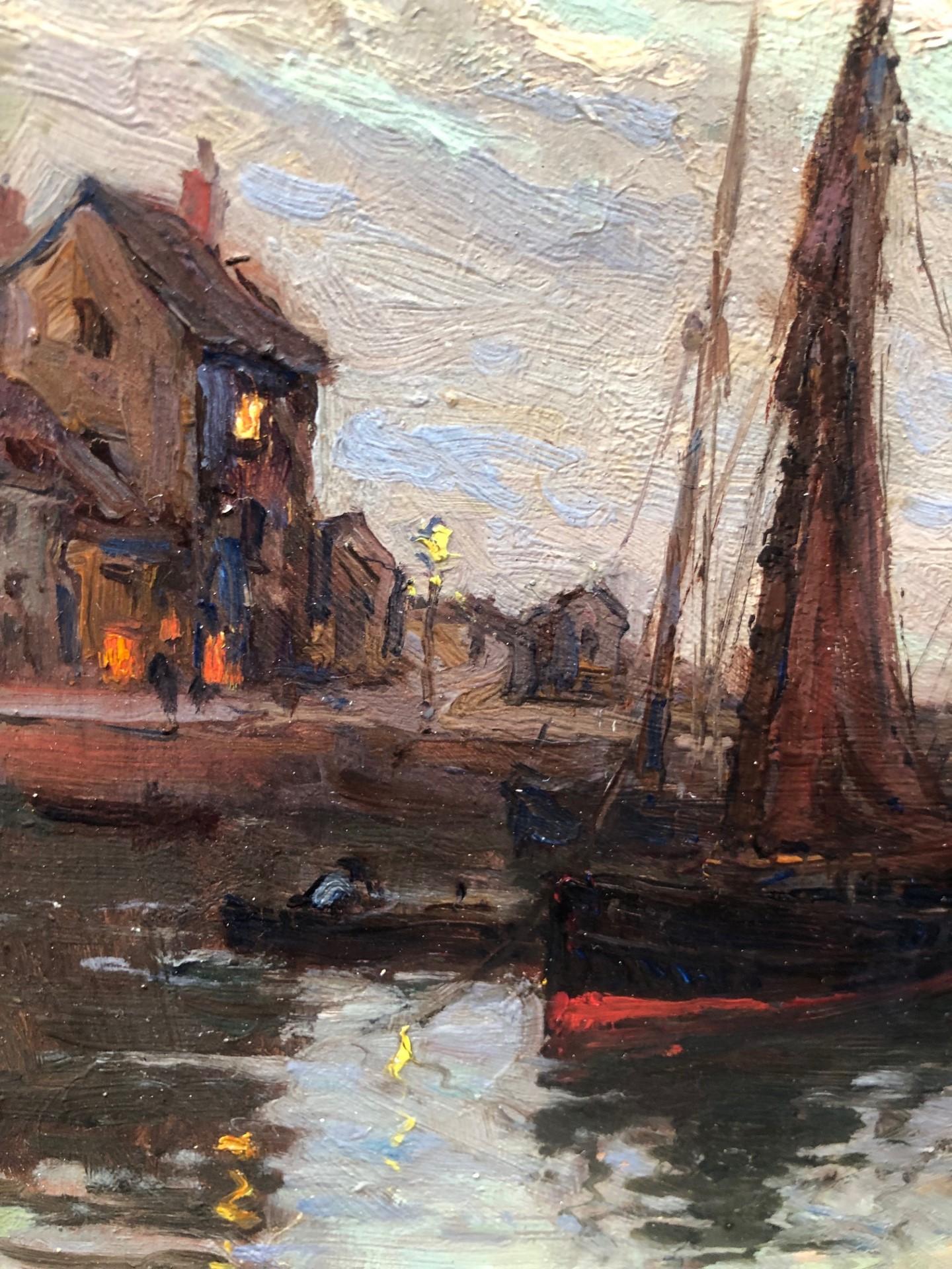 Óleo marino impresionista eduardiano, nocturno del puerto de Brixham Inglaterra - Painting de Terrick Williams