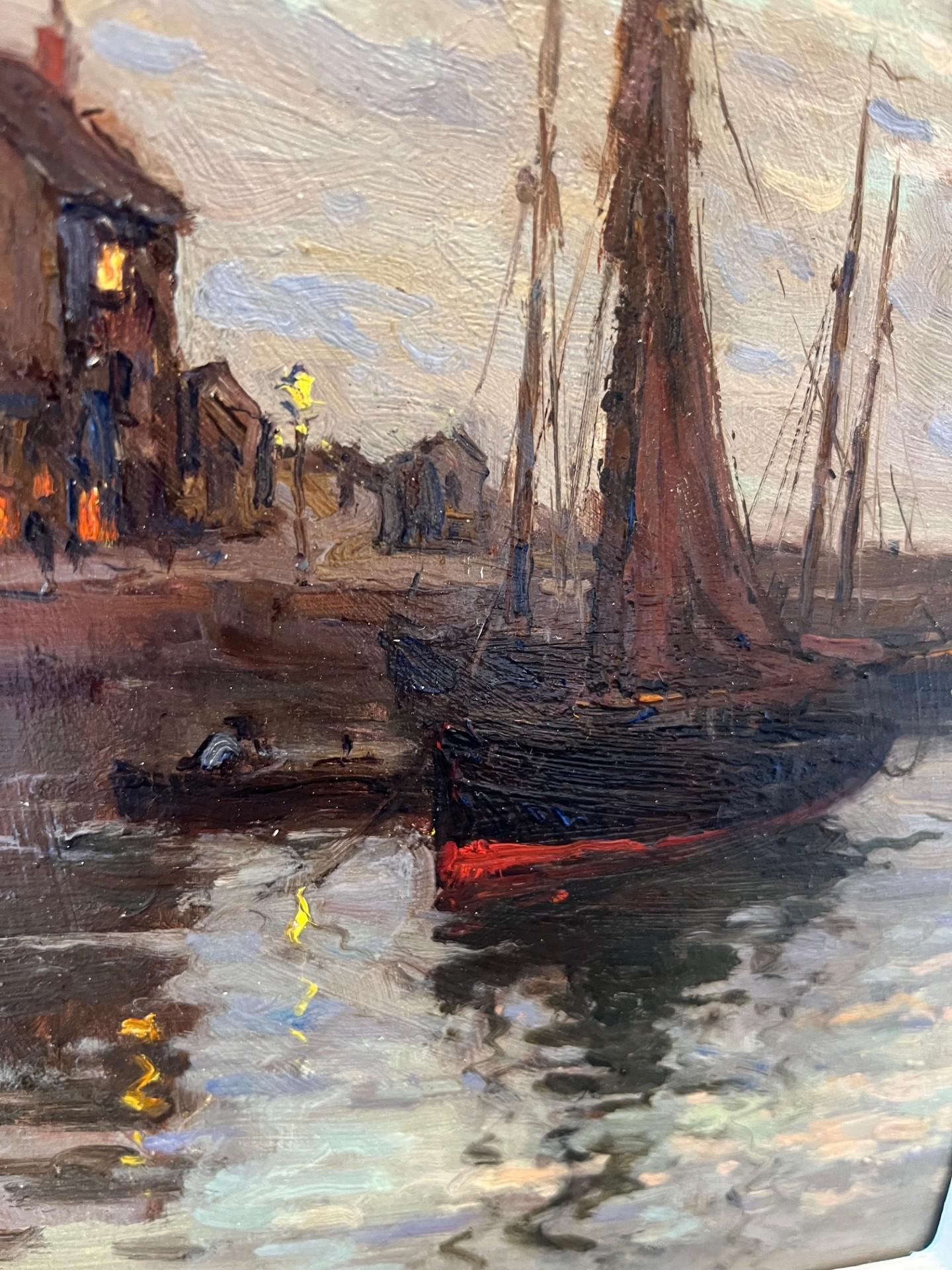 Óleo marino impresionista eduardiano, nocturno del puerto de Brixham Inglaterra 1