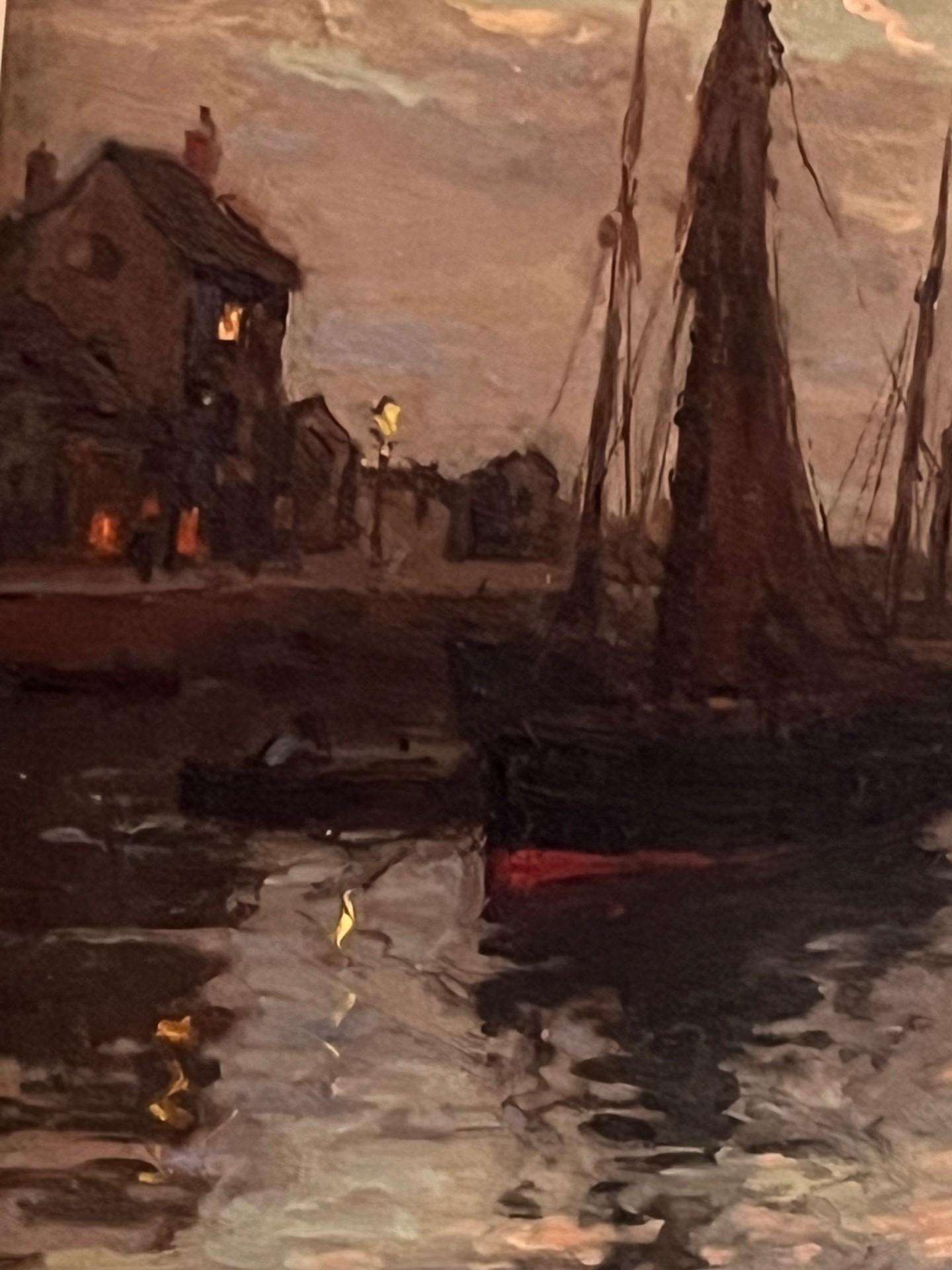 Óleo marino impresionista eduardiano, nocturno del puerto de Brixham Inglaterra 3