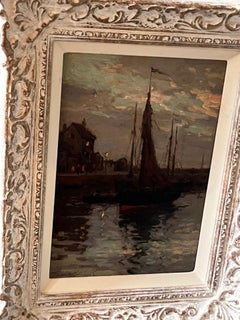 Edwardianisches impressionistisches Ölgemälde der Marine, Nachtaufnahme des Hafens von Brixham, England