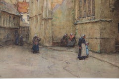Figures on the street outside Reims Cathedral France Large Watercolour Painting