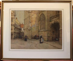 Figures on the street outside Reims Cathedral France Large Watercolour Painting