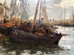 Grey Day, Concarneau France - Impressionist oil painting of boats in harbour