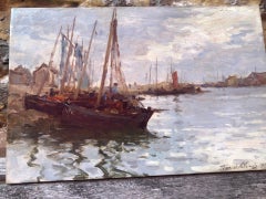 Grey Day, Concarneau France - Peinture à l'huile impressionniste représentant des bateaux dans un port
