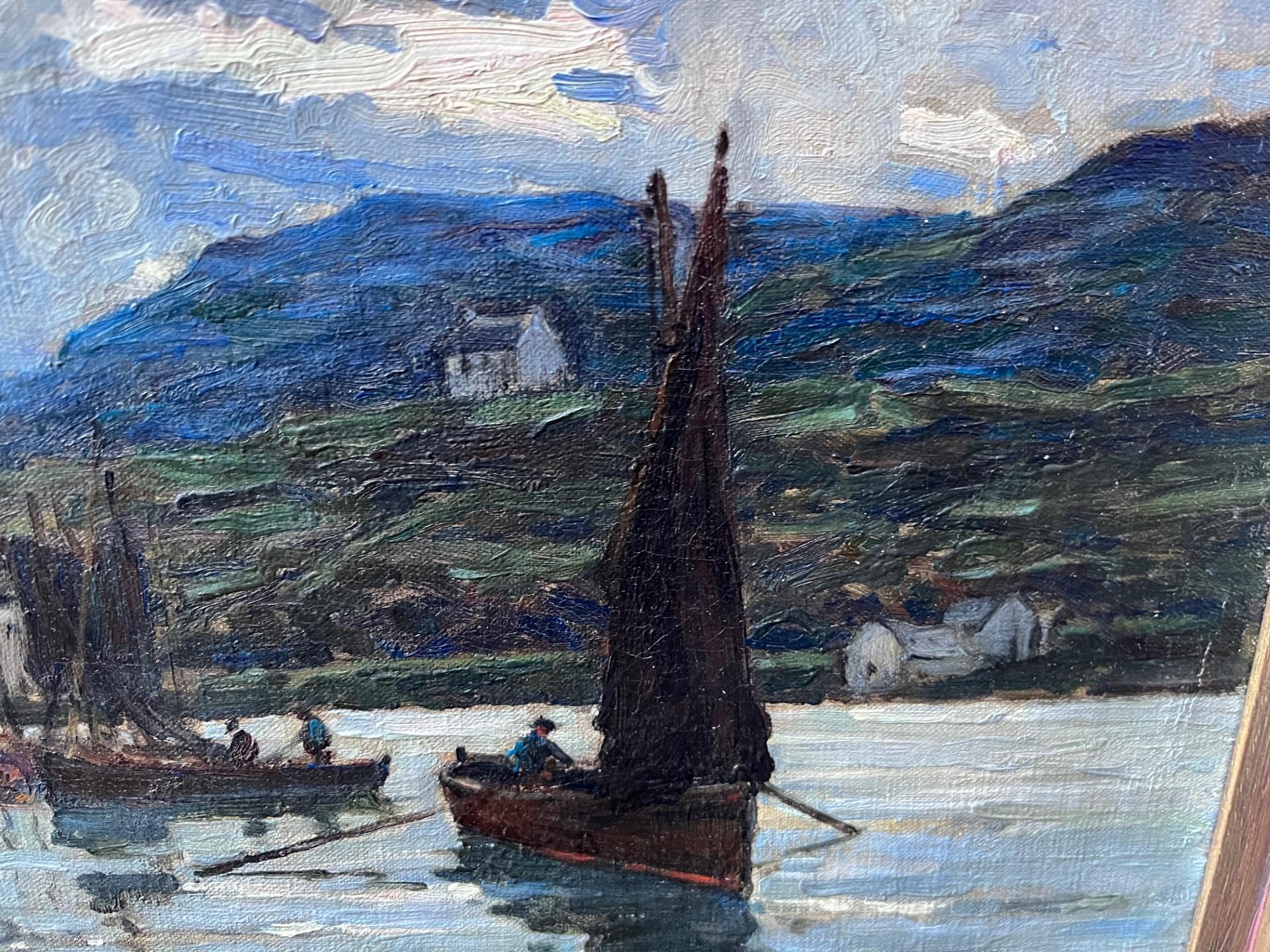  Paysage écossais Loch Fyne. Boîtes dans un port avec des collines au-delà de l'huile, peinture - Post-impressionnisme Art par Terrick Williams