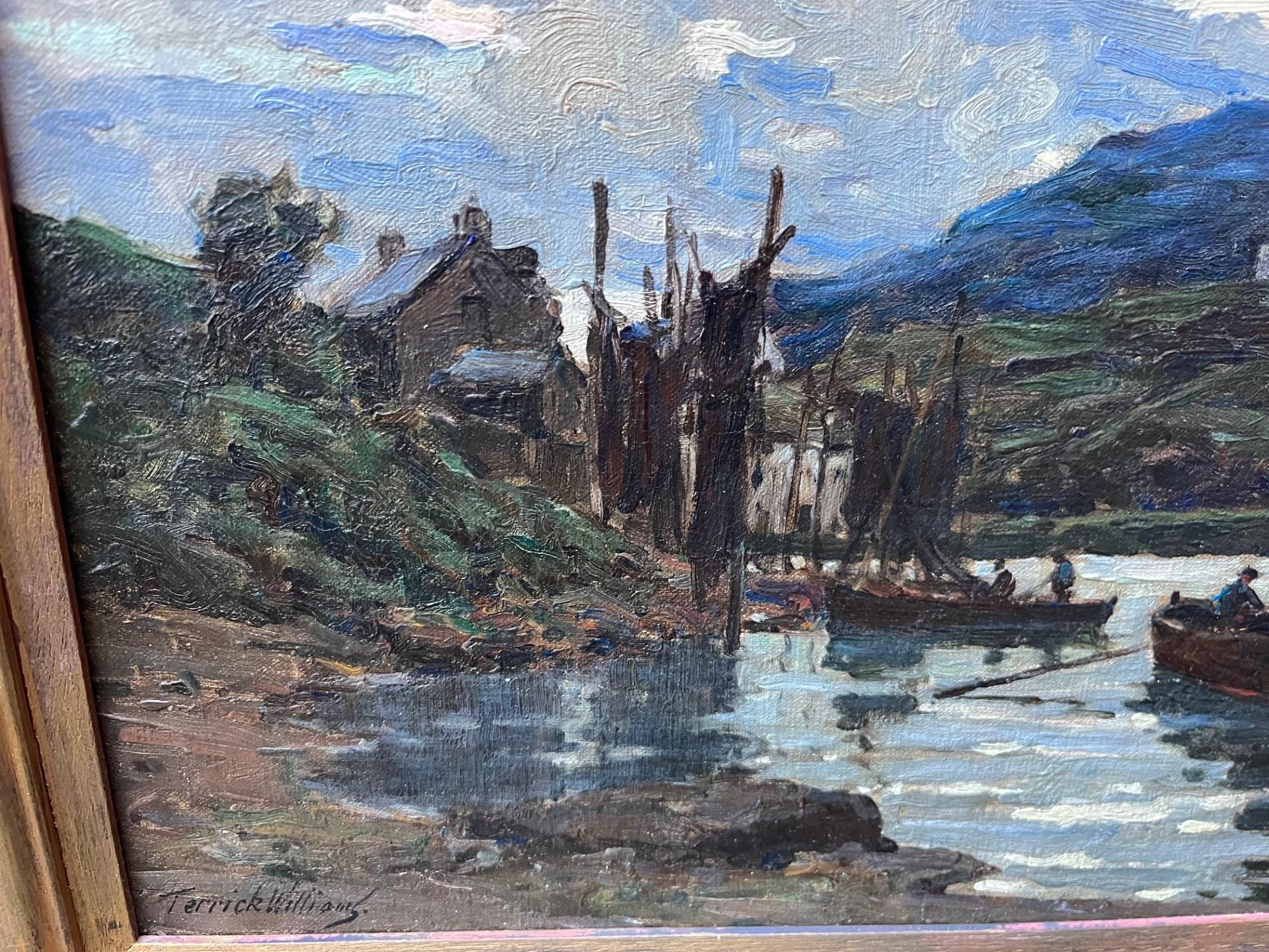  Paysage écossais Loch Fyne. Boîtes dans un port avec des collines au-delà de l'huile, peinture en vente 1