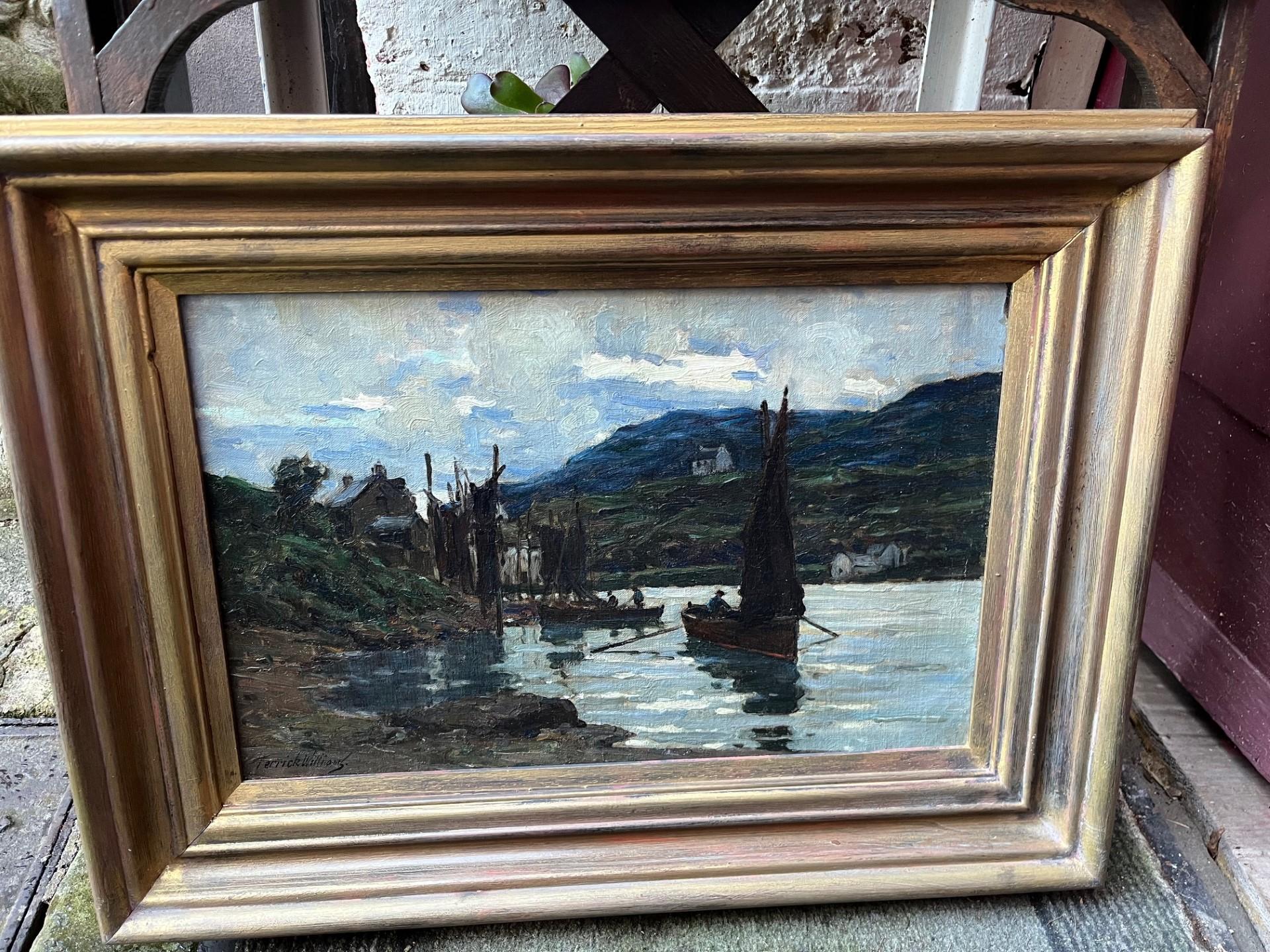  Paysage écossais Loch Fyne. Boîtes dans un port avec des collines au-delà de l'huile, peinture en vente 2