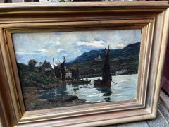  Paysage écossais Loch Fyne. Boîtes dans un port avec des collines au-delà de l'huile, peinture