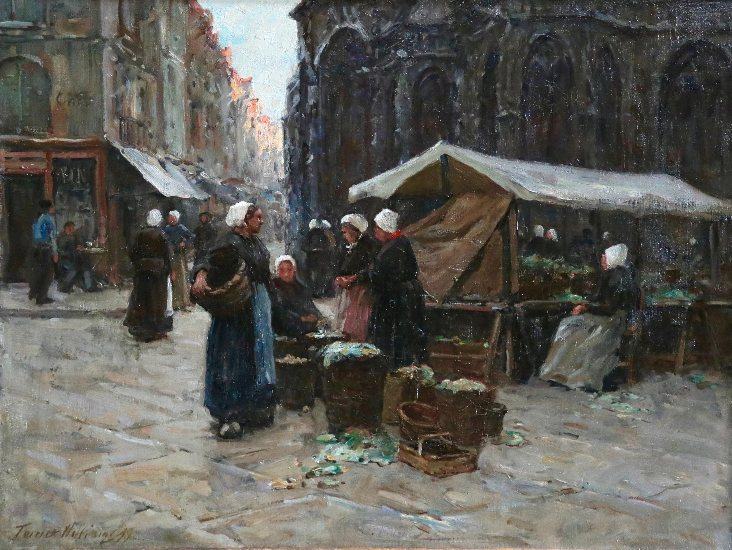 Oil on original canvas by Terrick John Williams depicting women in a market in Dieppe. Signed and dated 1899 lower left and titled verso. Framed dimensions are 24 inches high by 31 inches wide. 

Provenance:
Exhibited at the Royal Academy, London