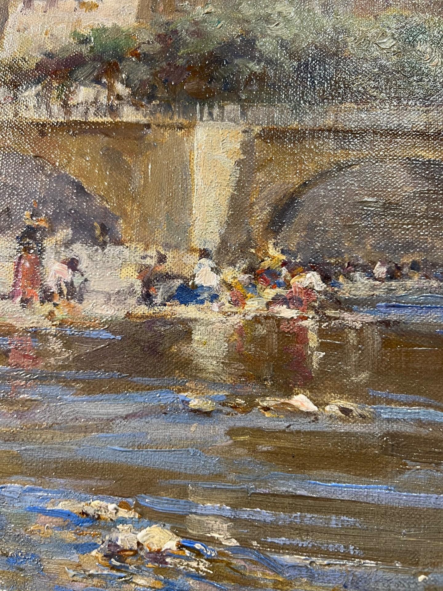 Paesaggio impressionista vittoriano Olio Lavandaie sulla riva del fiume, Nizza Francia - Painting Impressionismo di Terrick Williams