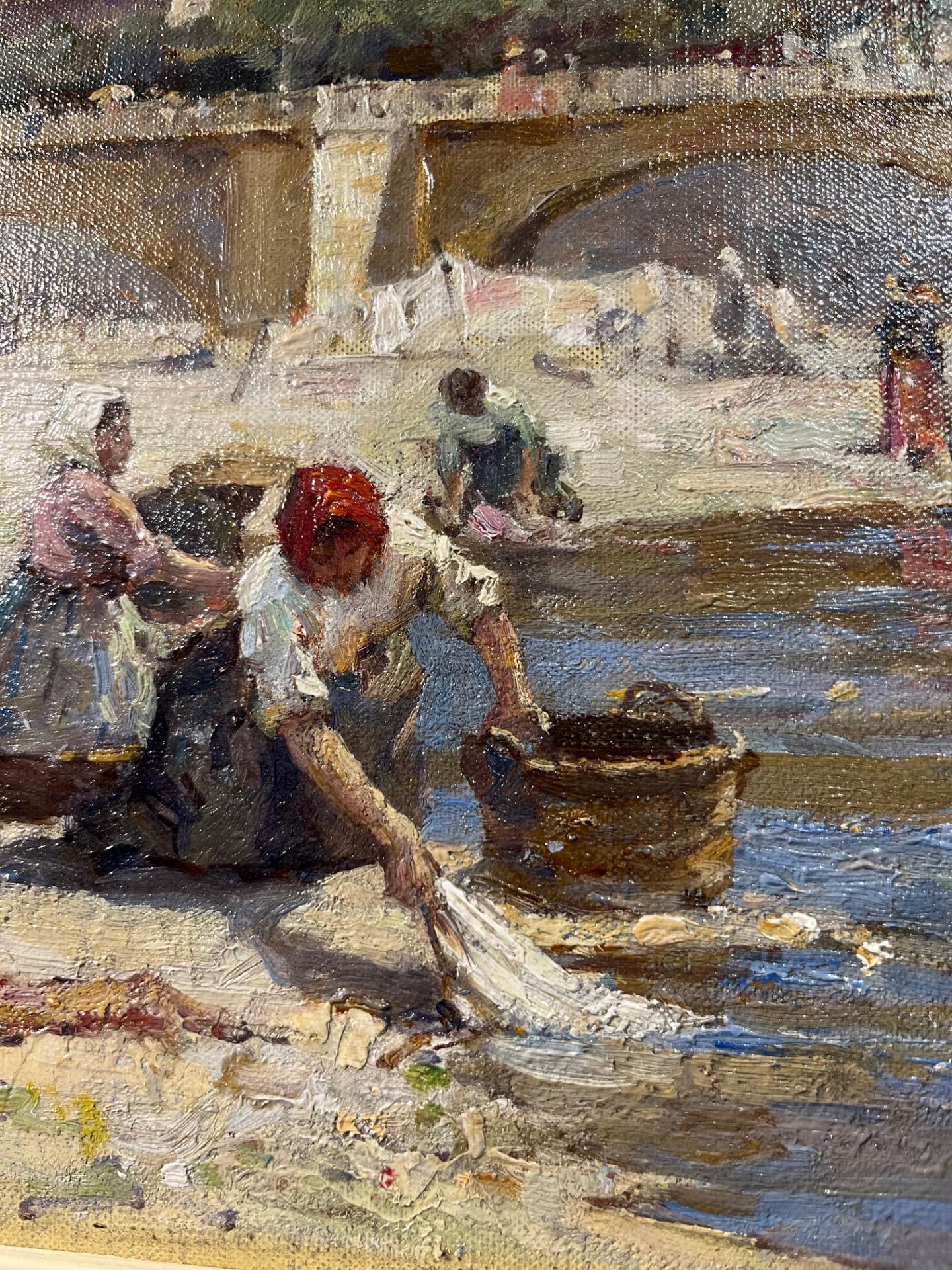 Washerwomen on bank of River at Nice, France - Bridge and town Impressionist Oil For Sale 1