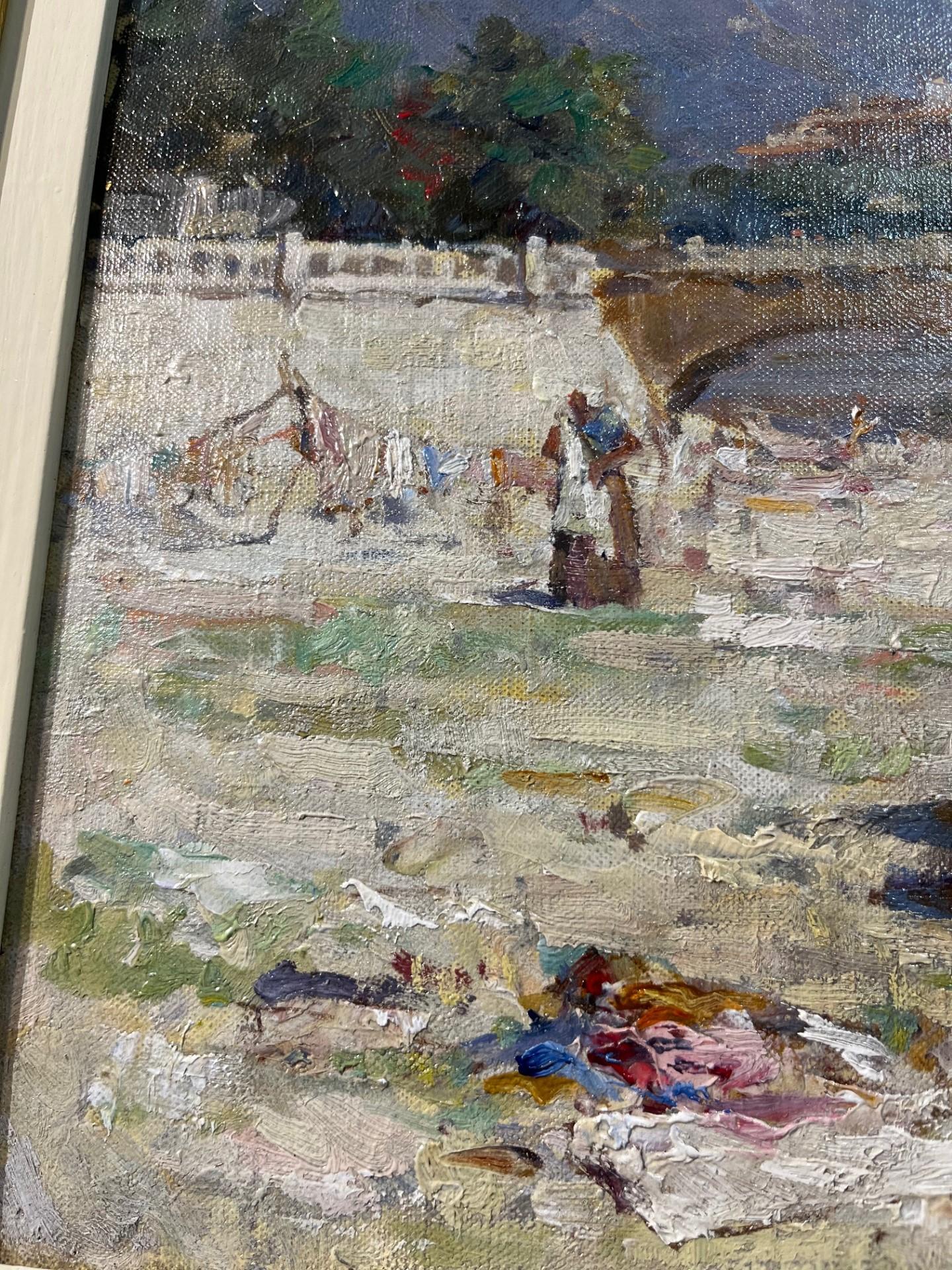 Paesaggio impressionista vittoriano Olio di lavandaie sulla riva del fiume, Nizza in Francia.

