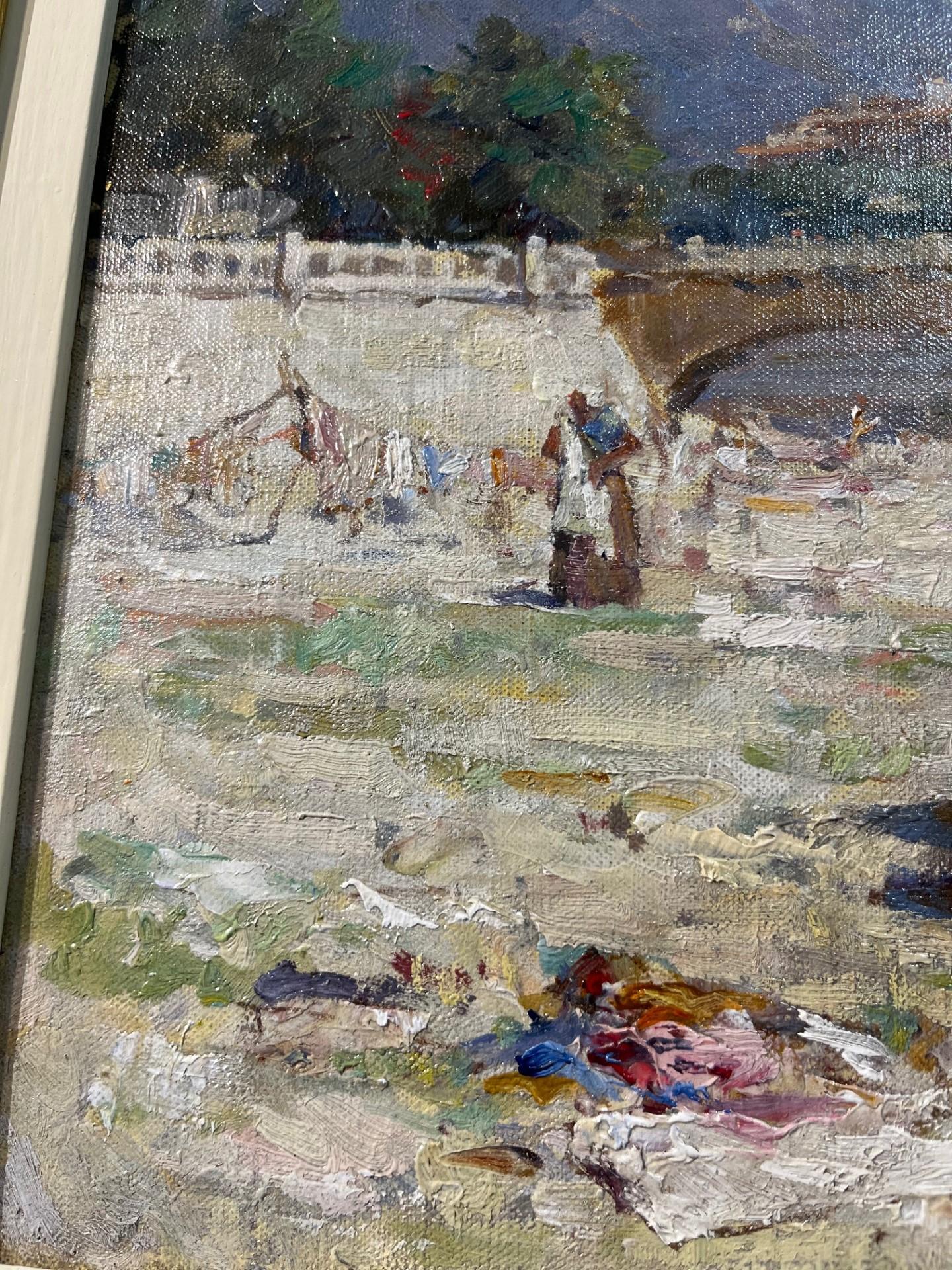 Washerwomen on bank of River at Nice, France - Bridge and town Impressionist Oil For Sale 2