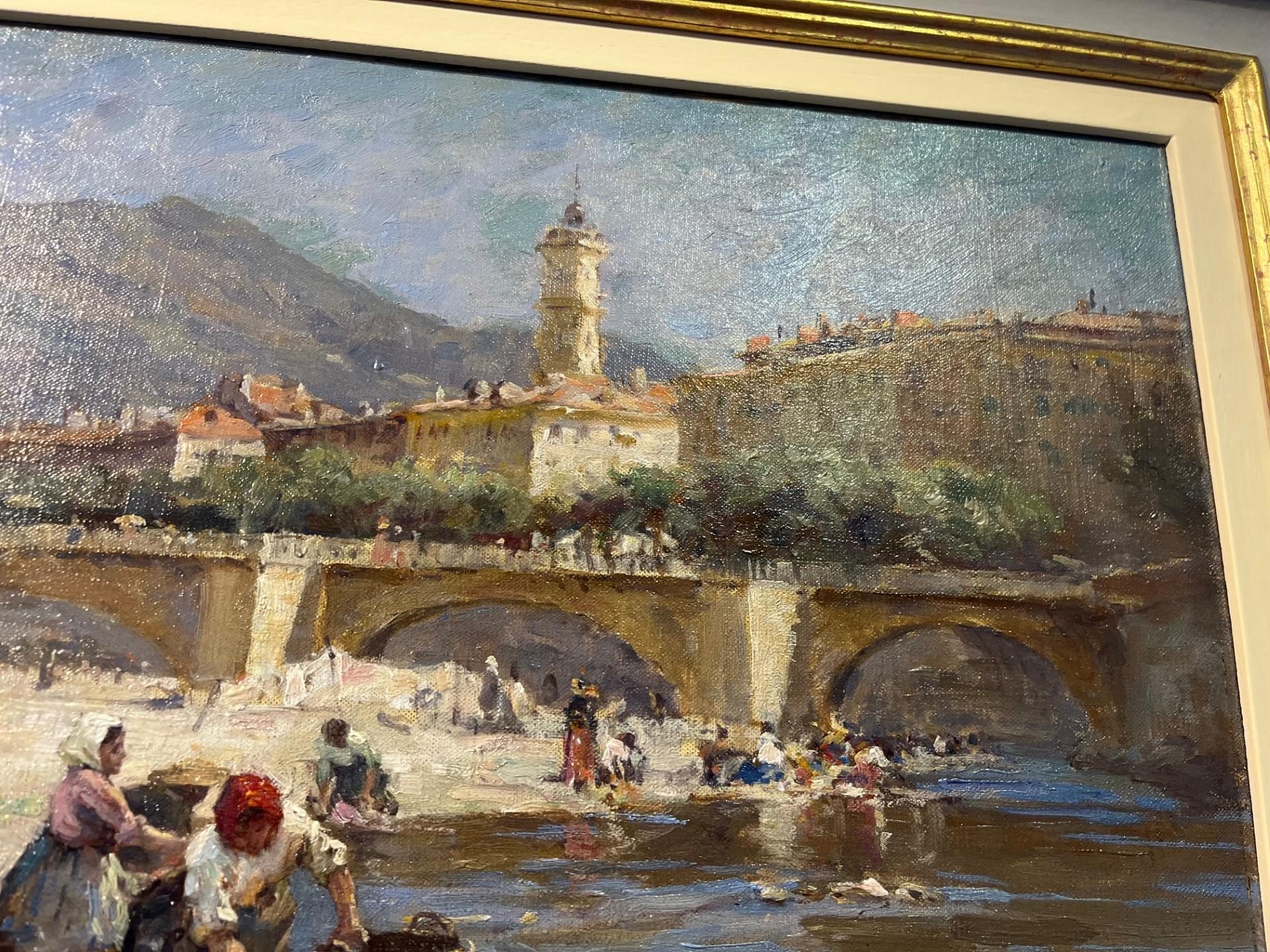 Washerwomen on bank of River at Nice, France - Bridge and town Impressionist Oil For Sale 3