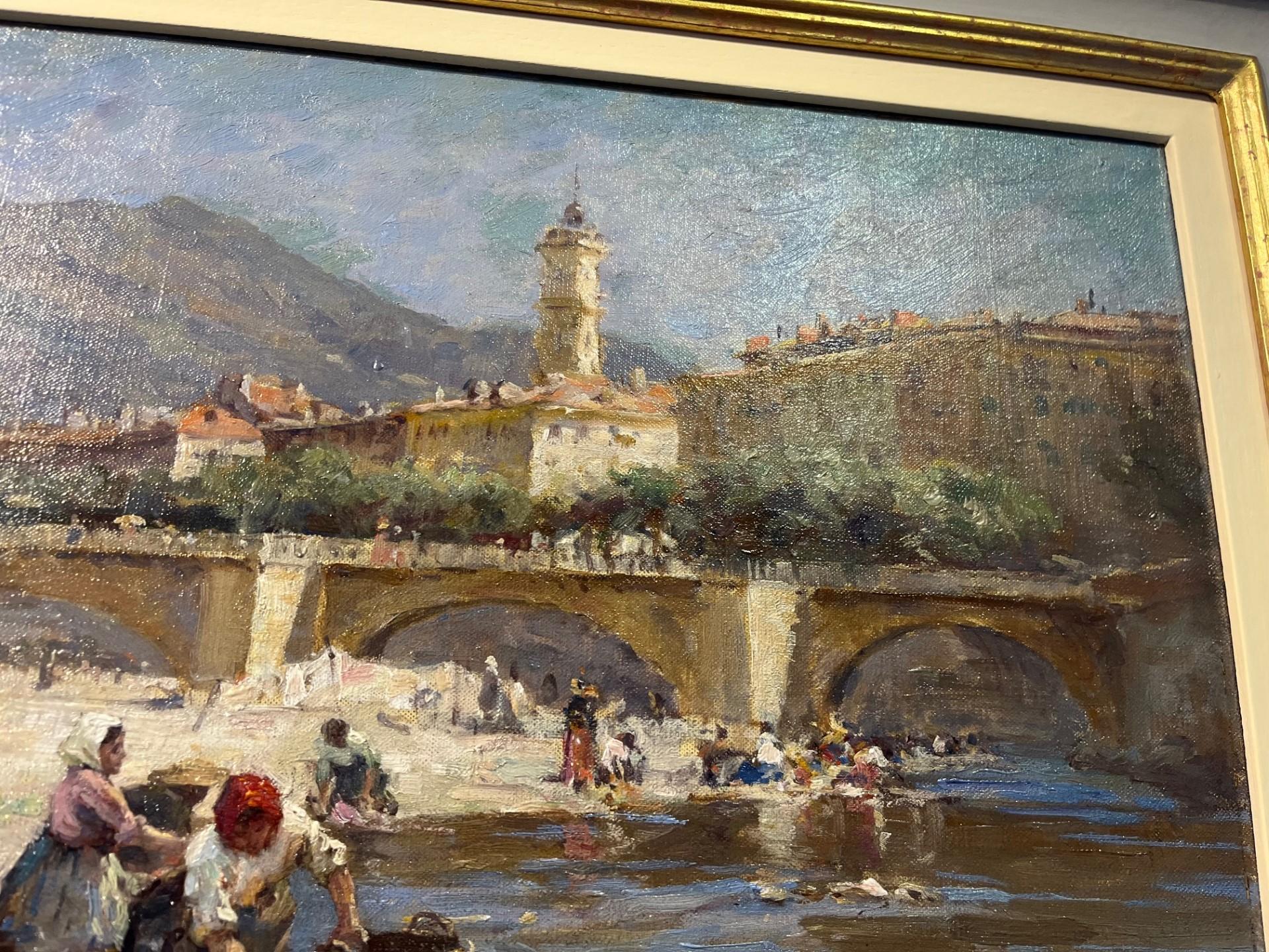 Paesaggio impressionista vittoriano Olio Lavandaie sulla riva del fiume, Nizza Francia in vendita 1