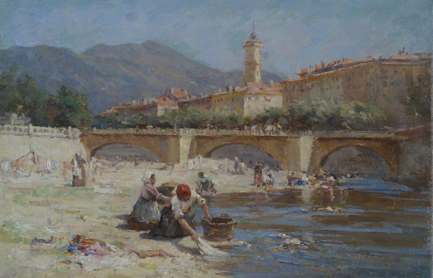 Terrick Williams Landscape Painting - Washerwomen on bank of River at Nice, France - Bridge and town Impressionist Oil