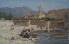 Antique Washerwomen on bank of River at Nice, France - Bridge and town Impressionist Oil