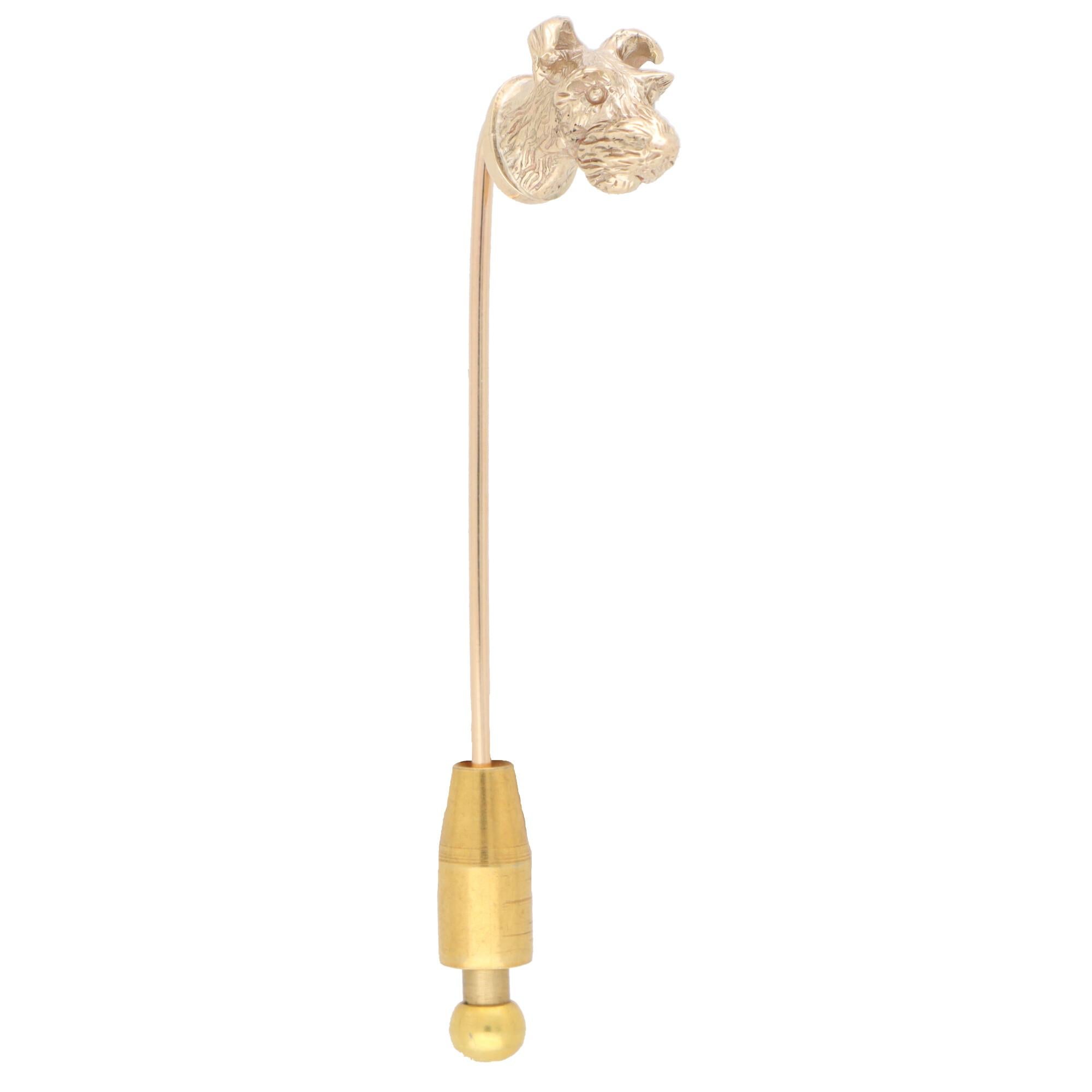 Retro Terrier Dog Head Stick Pin Set in Solid 9k Yellow Gold For Sale