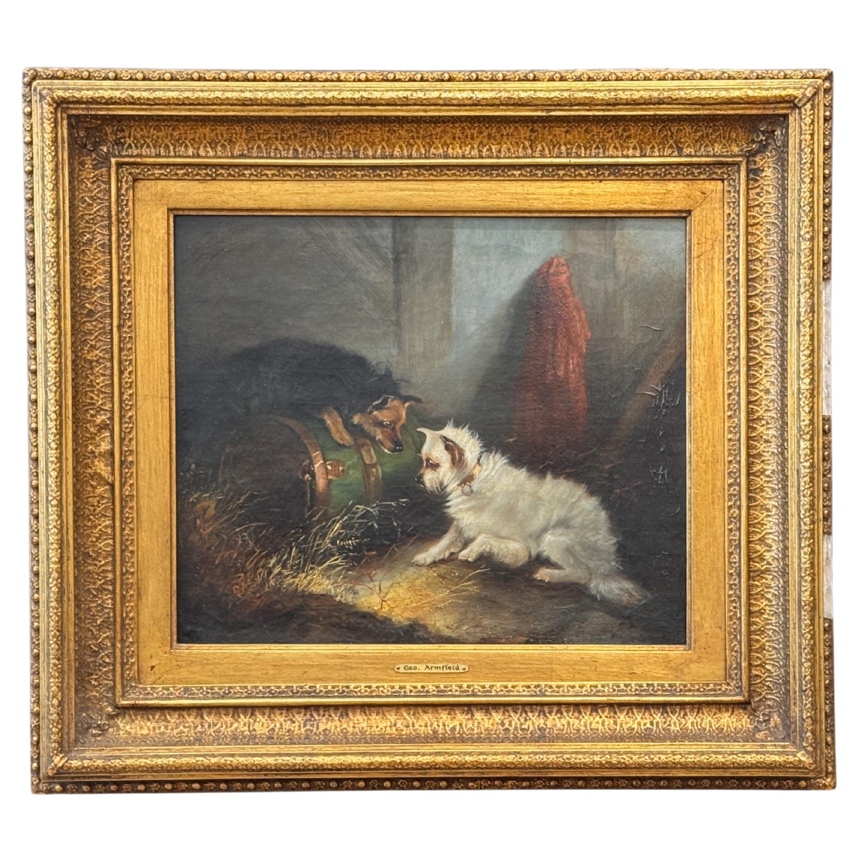 "Terriers Ratting in a Barn” oil on canvas by George Armfield (1808–1893)