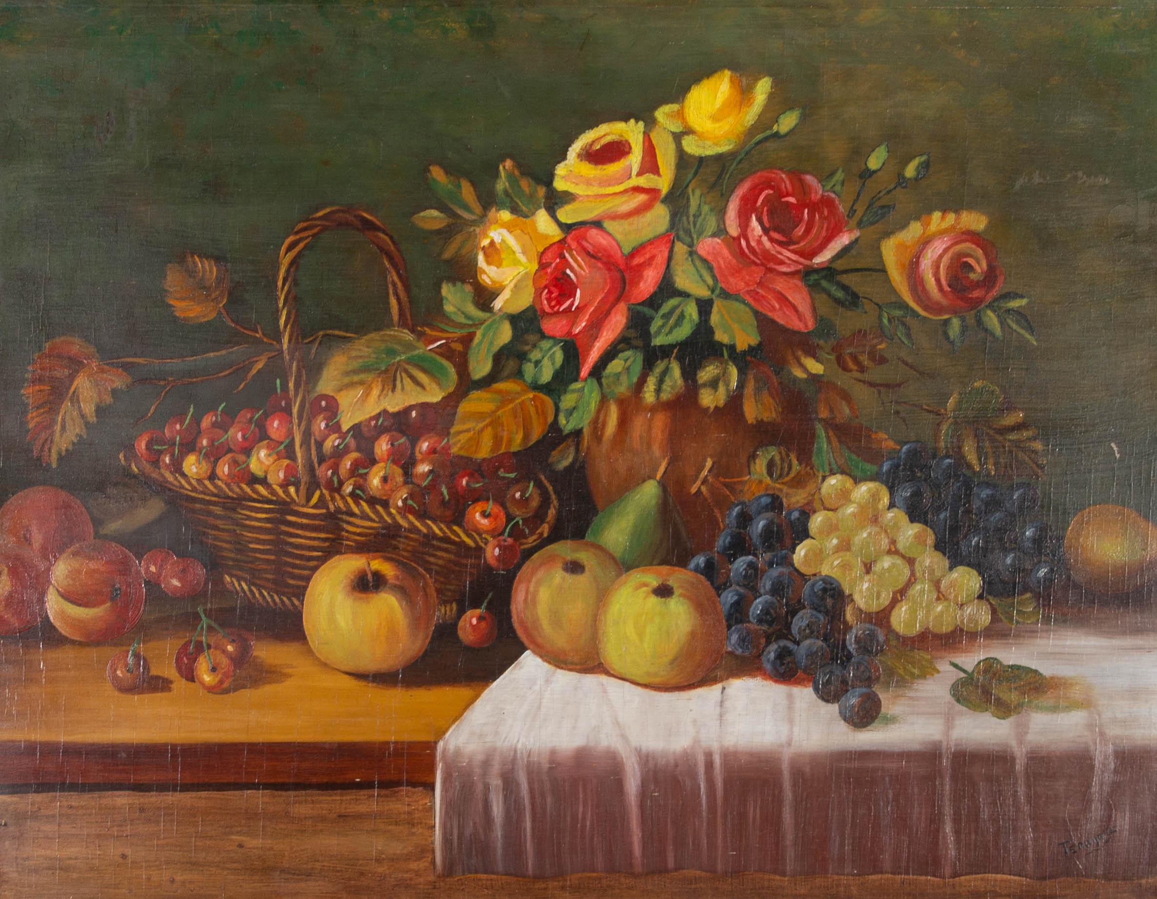 Terrijn G. - Mid 20th Century Oil, Still Life with Fruit and Flowers For Sale 1