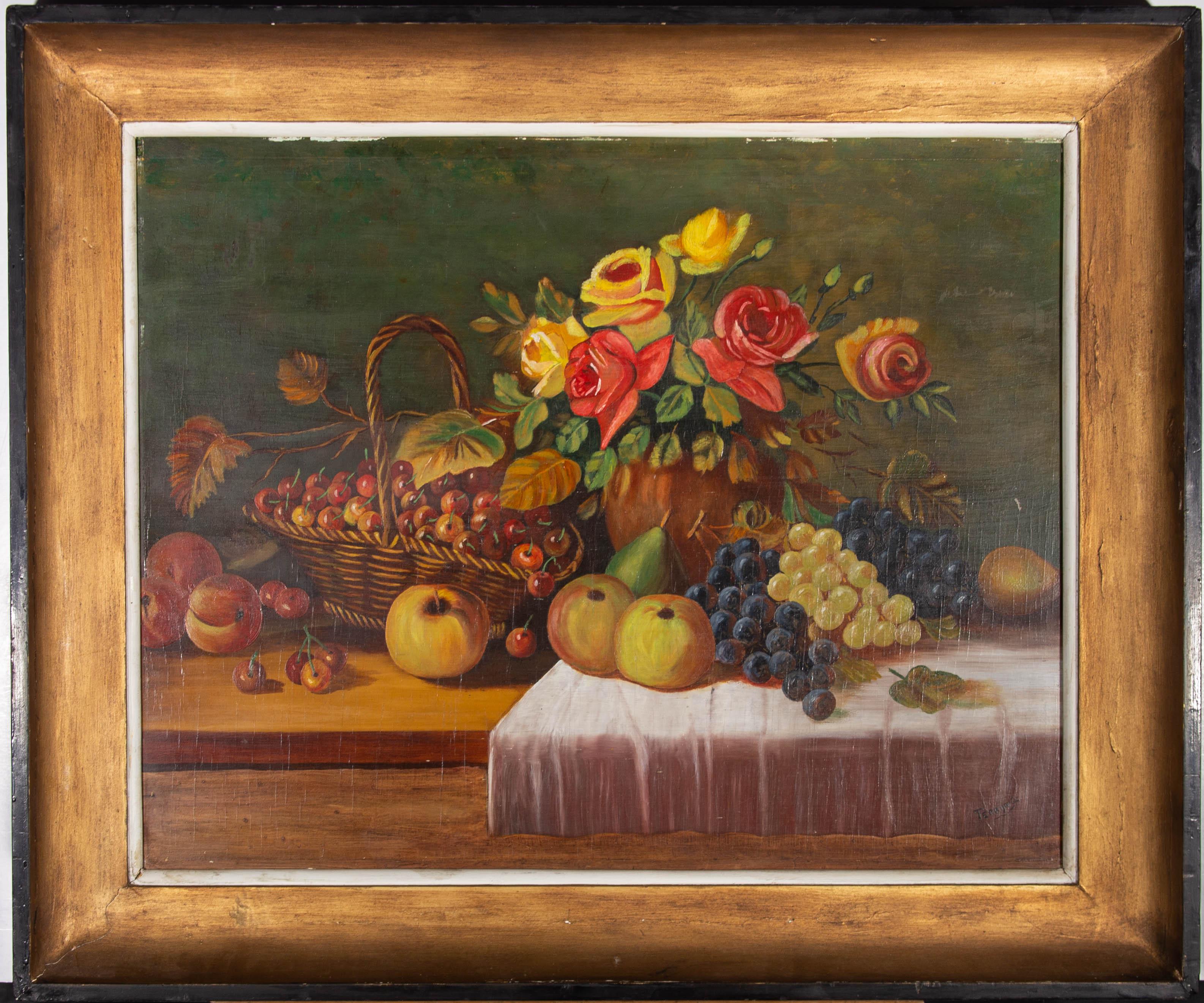 This vibrant still life depicts an arrangement of fresh fruit and roses. Painted in bright but warm colours, the artist captures this bountiful selection of produce in an autumnal palette. Signed to the lower left. Presented in a substantial gilt