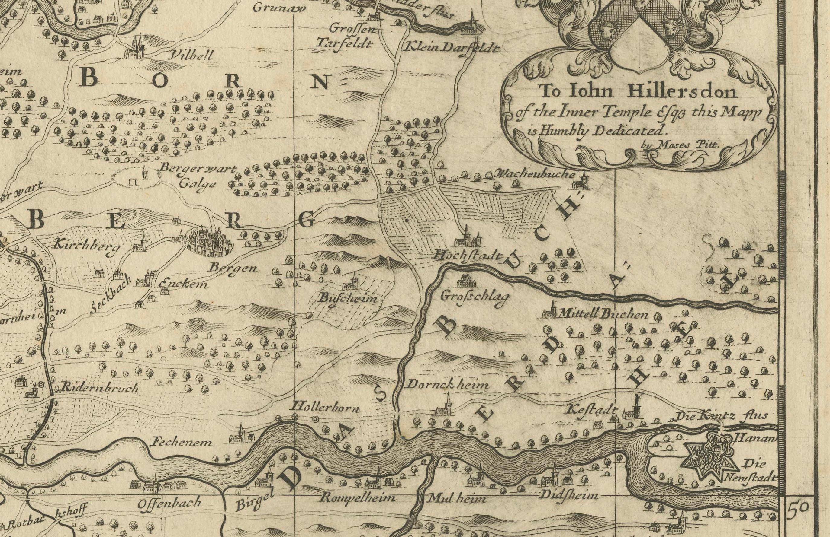 Titolo:  Territorium Francofurtens - Mappa di Francoforte del XVII secolo di Moses Pitt  

Descrizione:  
Questa rara mappa del XVII secolo, intitolata Territorium Francofurtens, fu pubblicata da Moses Pitt, un noto cartografo ed editore inglese