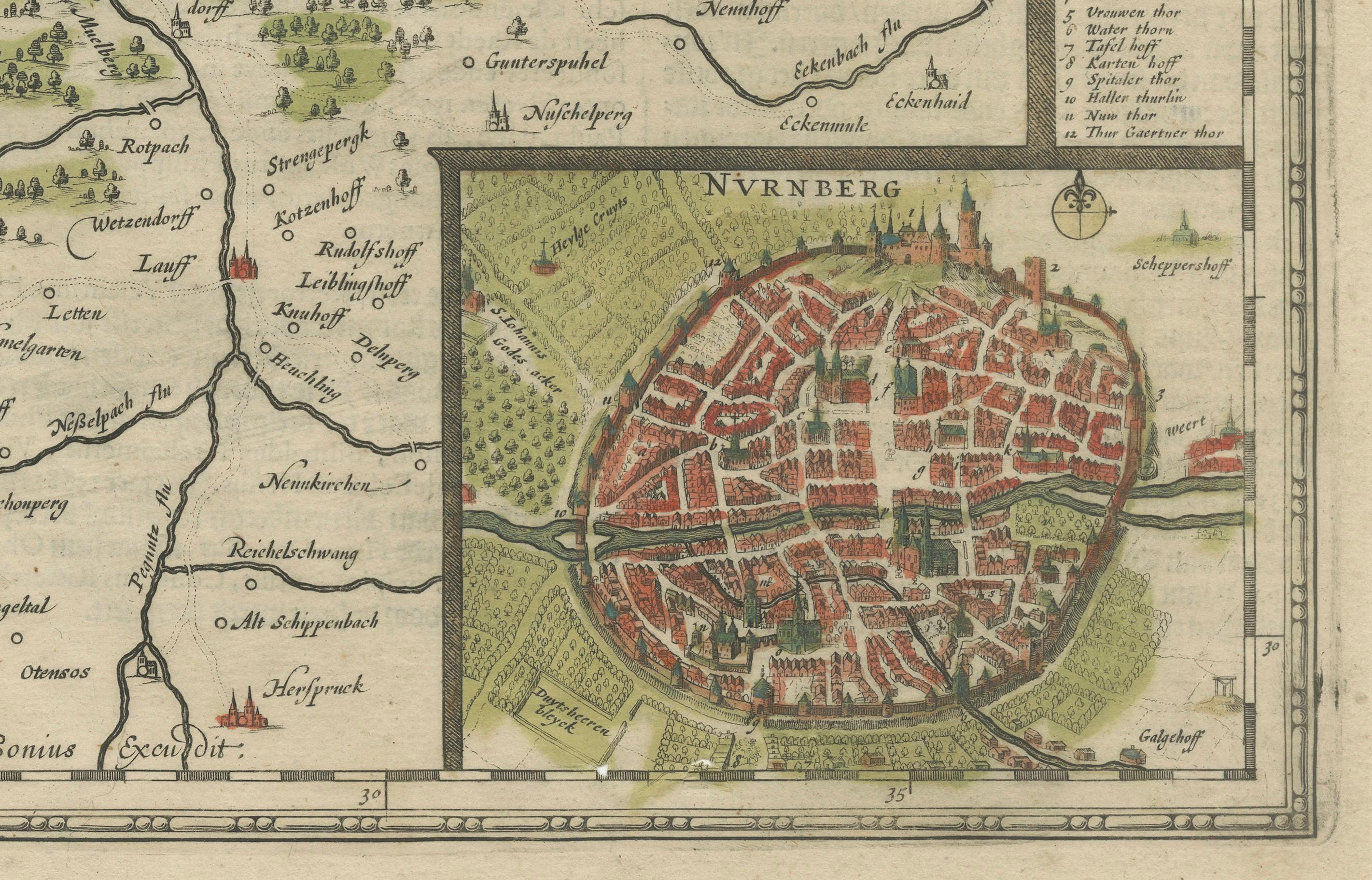 Milieu du XVIIe siècle Territorium Norimbergense - Carte ancienne de Nuremberg par Janssonius (1645-58) en vente