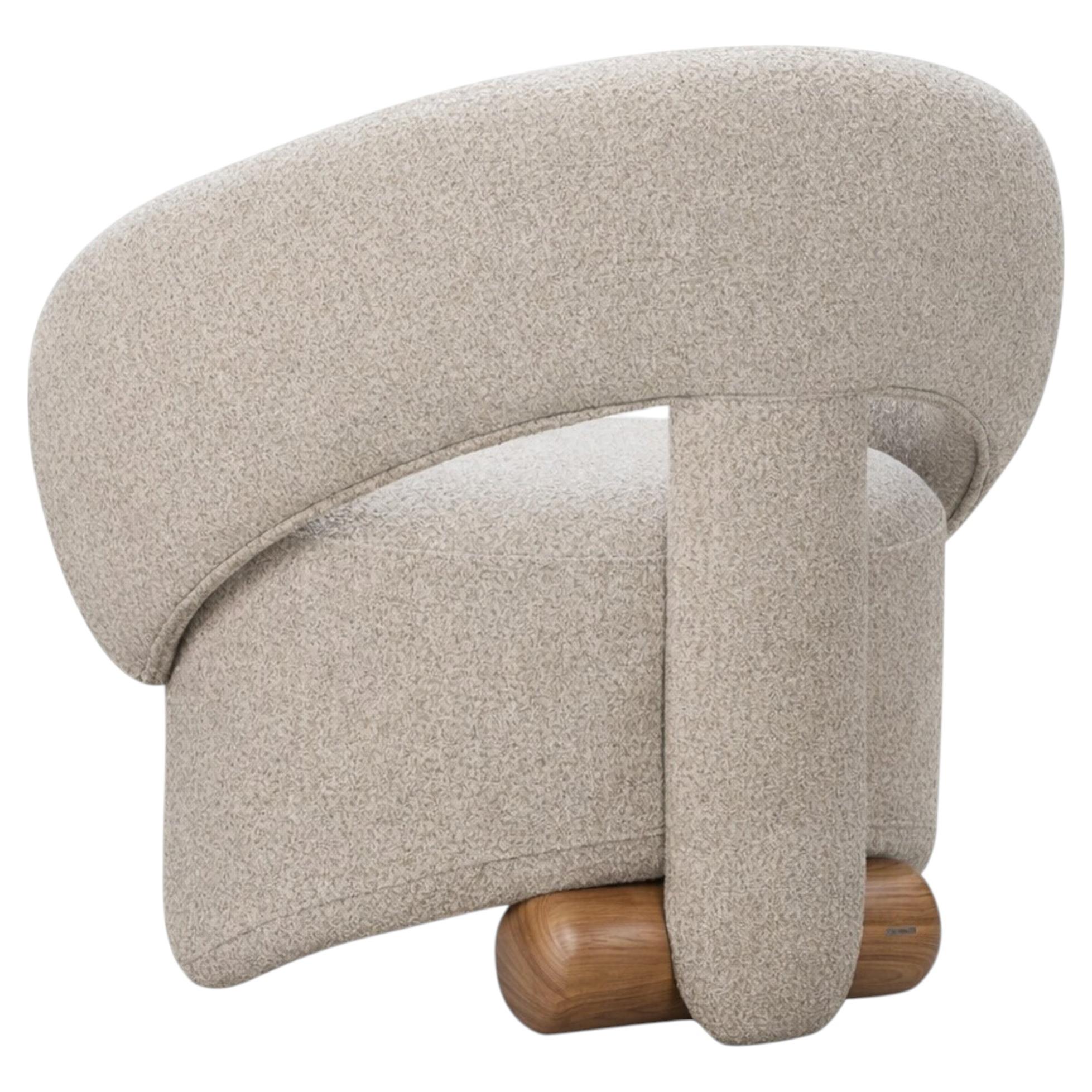 "Terroir'" Modern Armchair n Aluminum Frame, Upholstered in Boucle & Teak Wood