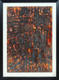 "Untitled B" Terry Adkins, Dark, Moody, Blue and Orange, Gestural, Mixed Media (technique mixte)