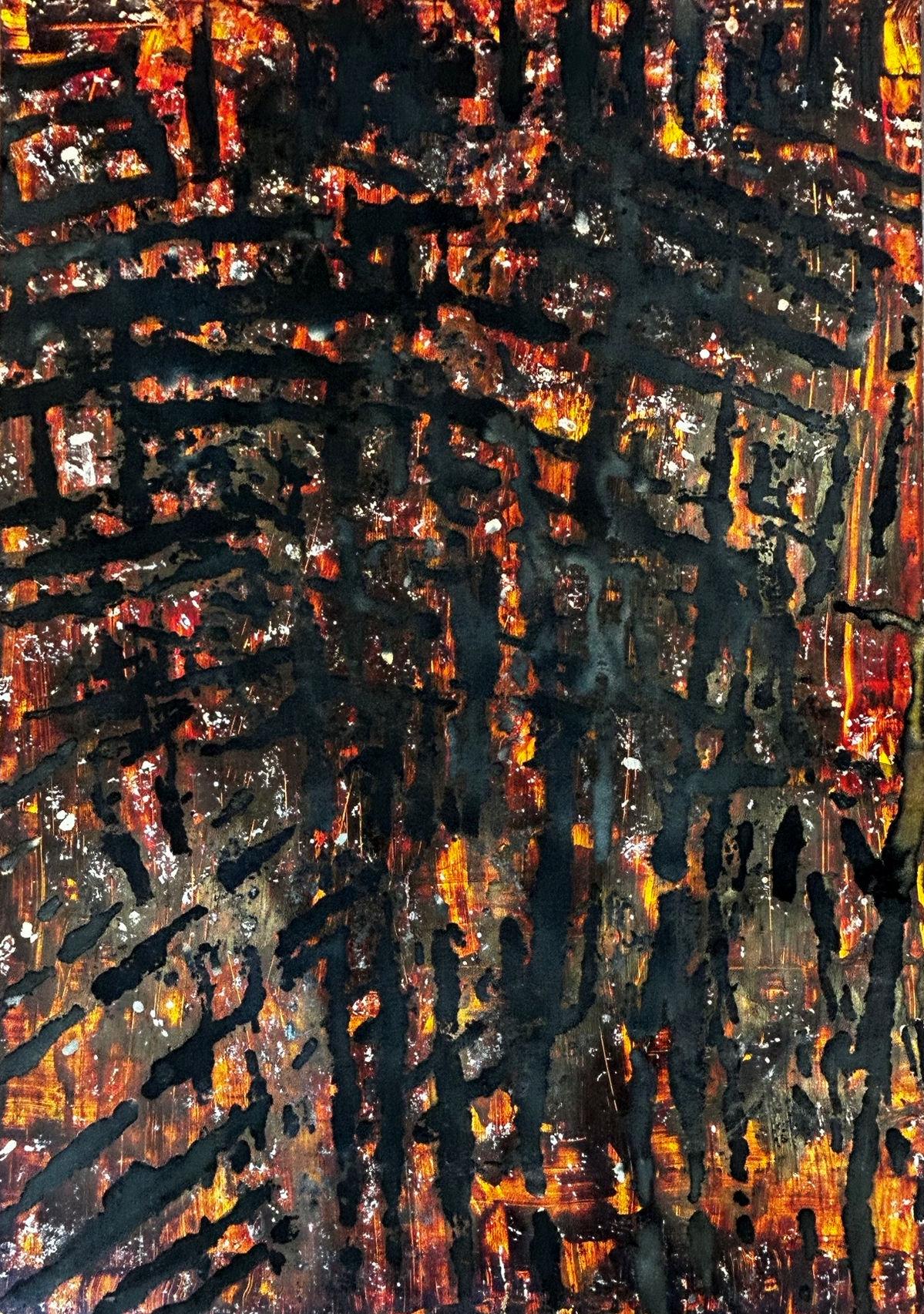 "Untitled B" Terry Adkins, Dark, Moody, Blue and Orange, Gestural, Mixed Media
