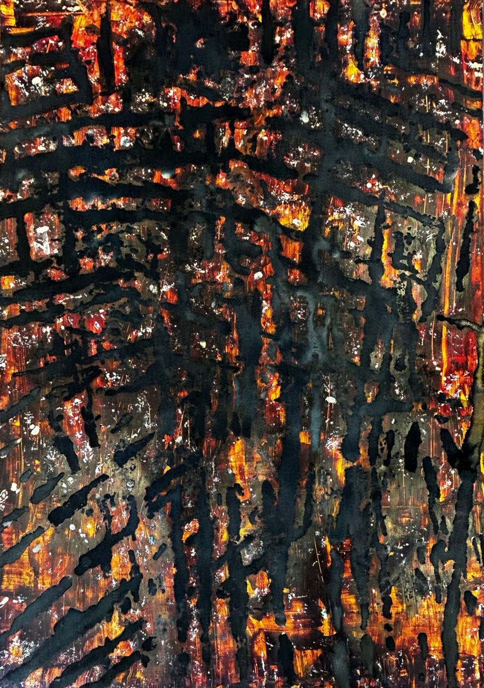 "Untitled B" Terry Adkins, Dark, Moody, Blue and Orange, Gestural, Mixed Media