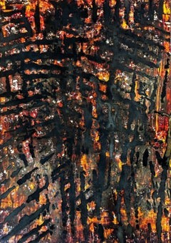 "Untitled B" Terry Adkins, Dark, Moody, Blue and Orange, Gestural, Mixed Media