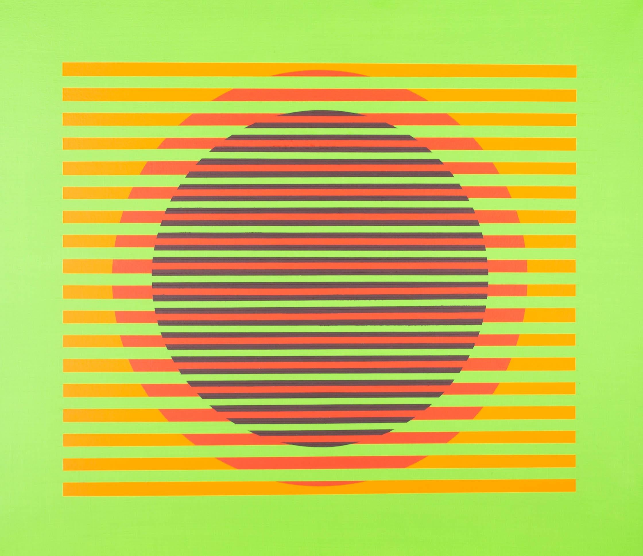 This bold, abstract piece is formed of linear and circular shapes on a bright green base. Presented in a dark wood frame. Signed to the lower right. Painting of a seaside scene to the reverse of the canvas. On canvas on stretchers.
















