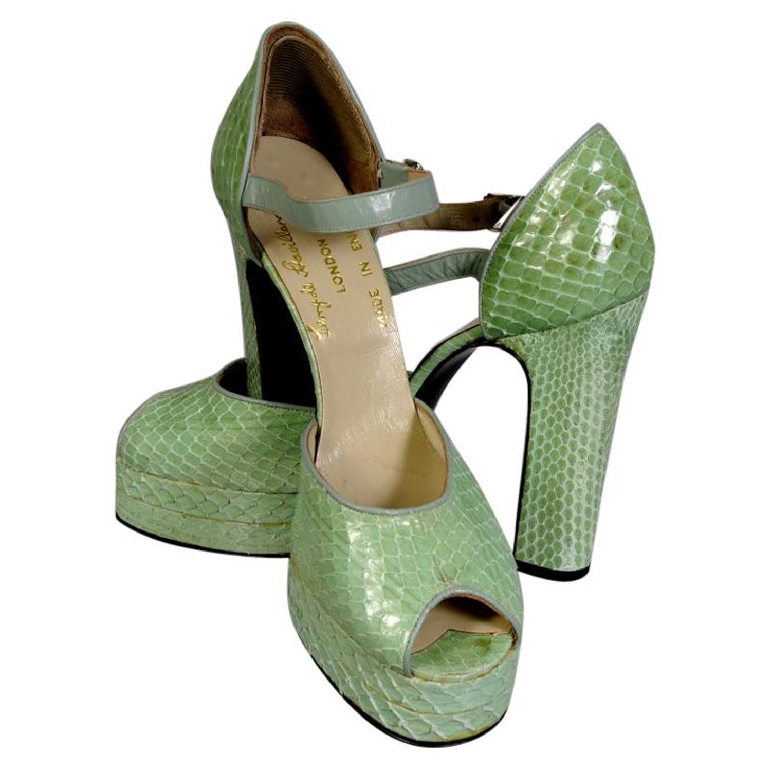 Terry de Haviland 1970's Spring Green Snakeskin Platform Shoes For Sale at  1stDibs | platform shoes 70s